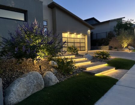 A house with steps and plants in the yard
