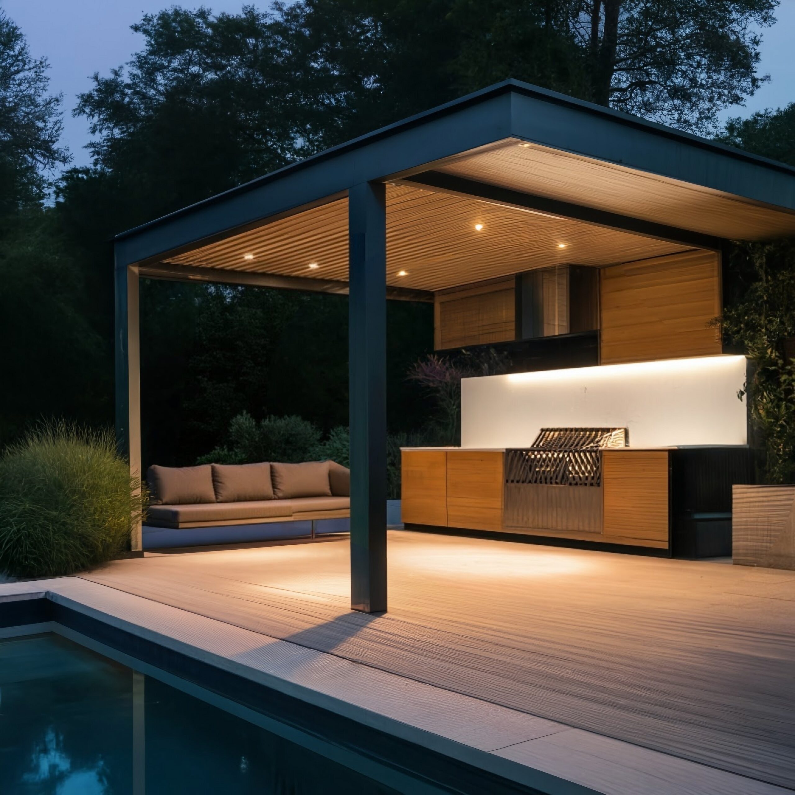 A covered patio with an outdoor kitchen and pool. A covered patio with an outdoor kitchen and pool.