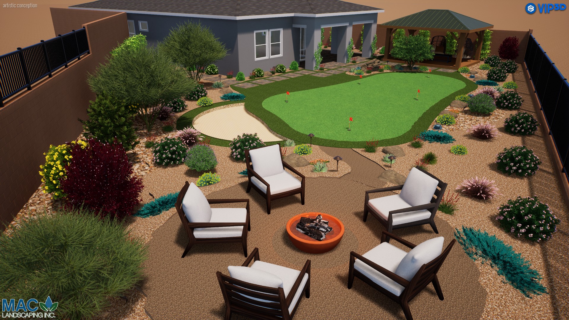 A patio with chairs and fire pit in the middle of it.